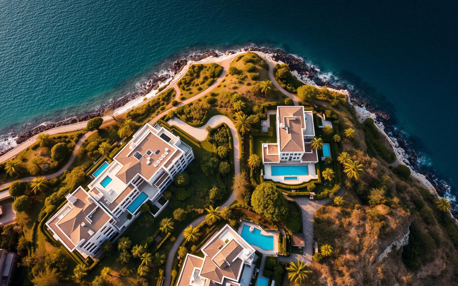 Aerial view of an exceptional Marbella residence with private pools and landscaped gardens