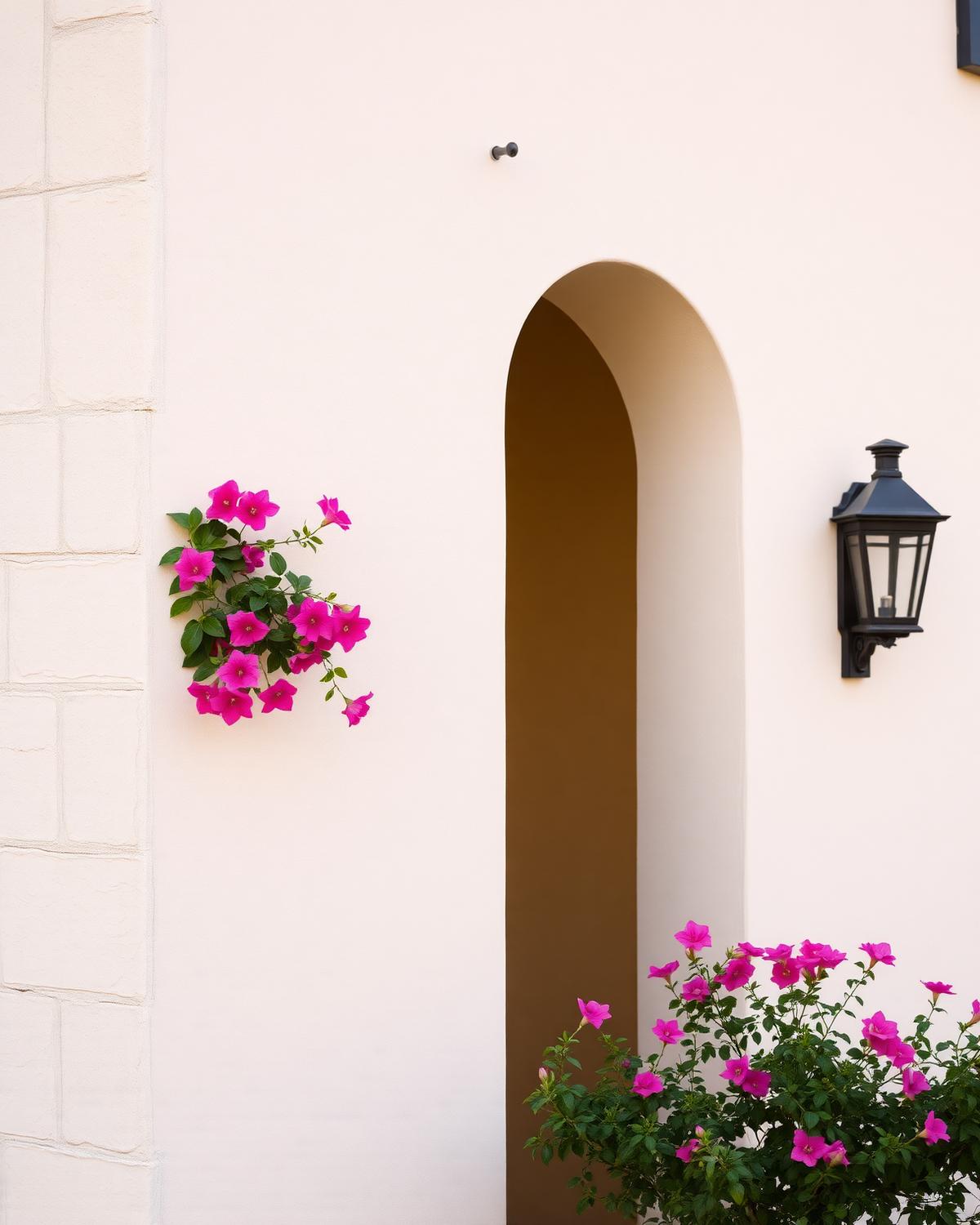 Mediterranean architectural detail with flowering bougainvillea against a whitewashed wall